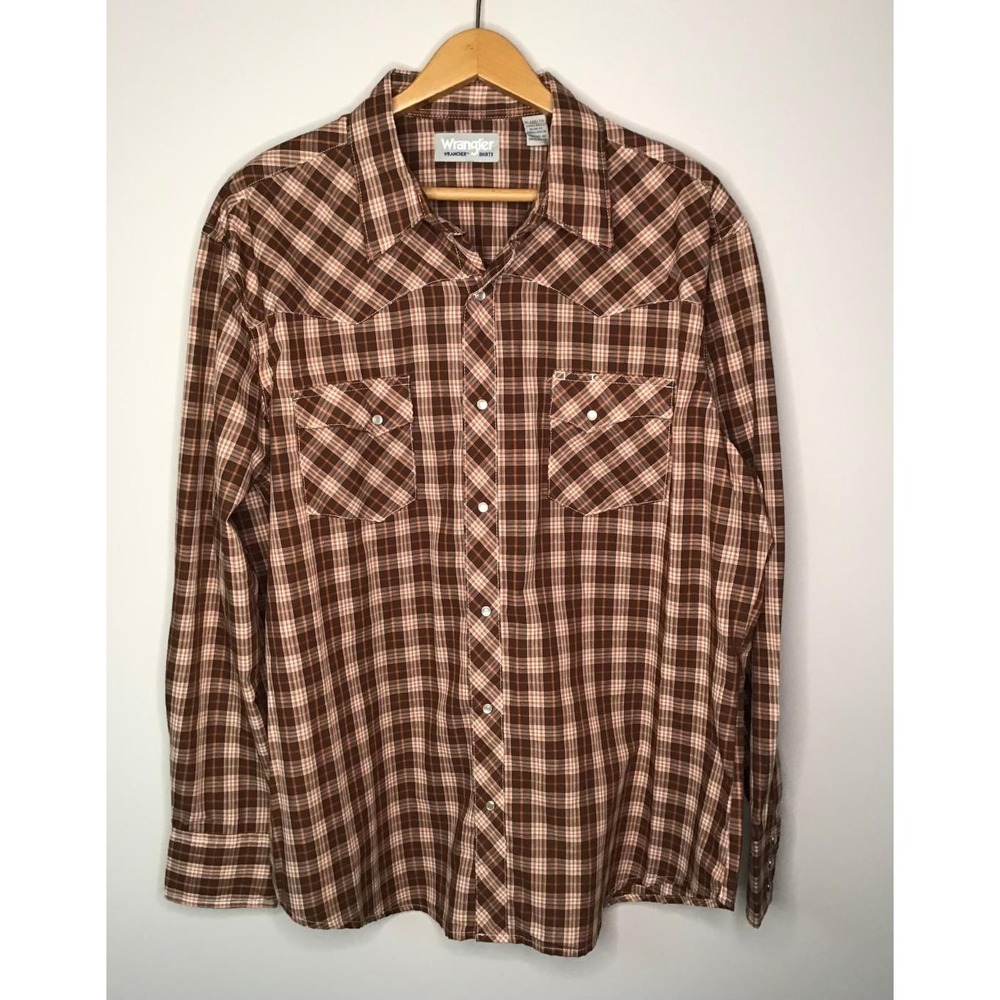 Wrangler Rancher Mens Brown Plaid Pearl Snap Western Shirt XL Long Sleeve New